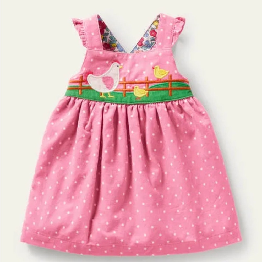 Mini Boden Pink Spotty Appliqué Cord Pinnie dress | 9-12mo